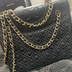 Tory Burch Black Fleming Quilted Leather Gold Chain crossbody / handbag